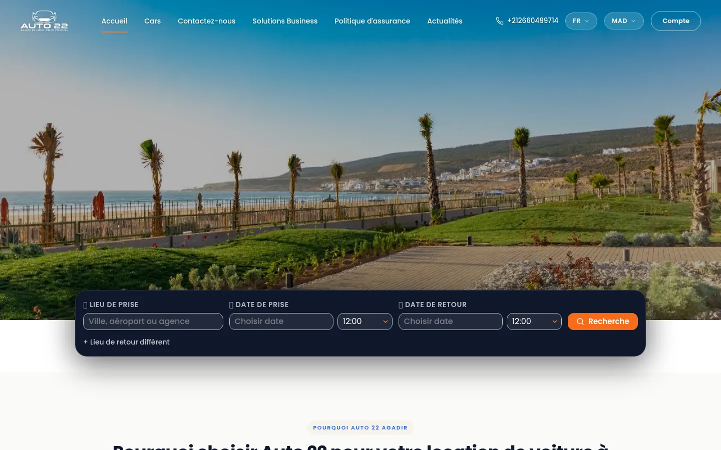 Website van Auto 22, autoverhuur, Agadir, Marokko, gemaakt door Triggerz