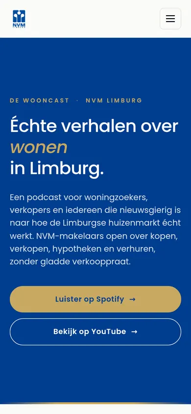 De website van De Wooncast van NVM Limburg op een telefoon, podcast van nvm limburg