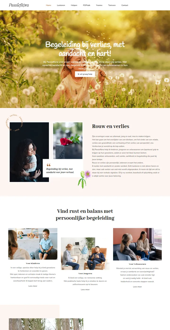 Website van Passieflora, rouw- en verliesbegeleiding, gemaakt door Triggerz