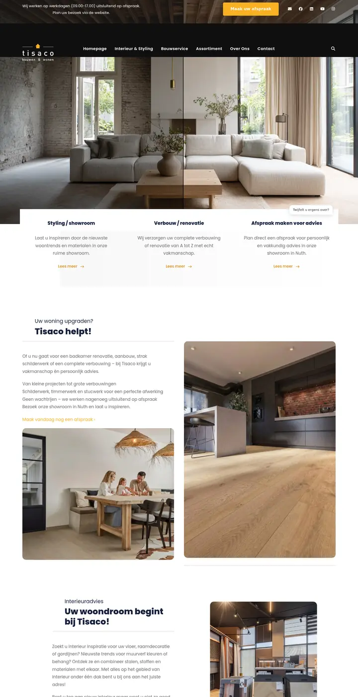 Website van Tisaco, bouw en interieur, Nuth, gemaakt door Triggerz