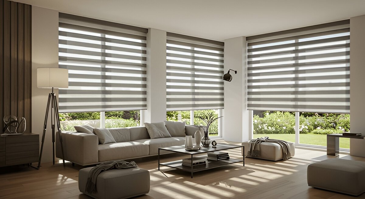 Houten jaloezie&euml;n en modern interieur